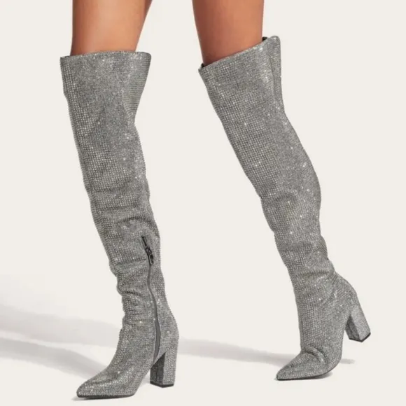 Gianni Bini RHINESTONE Crystal Over Knee High Heel Boots NEW Queen Bee Silver