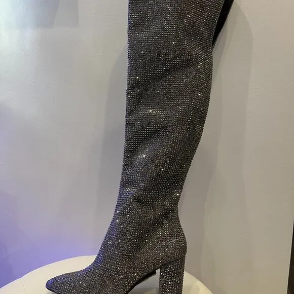 Gianni Bini RHINESTONE Crystal Over Knee High Heel Boots NEW Queen Bee Silver