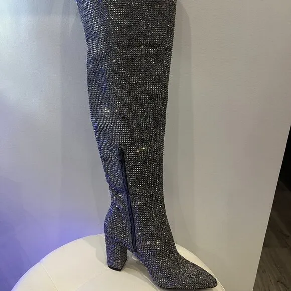 Gianni Bini RHINESTONE Crystal Over Knee High Heel Boots NEW Queen Bee Silver