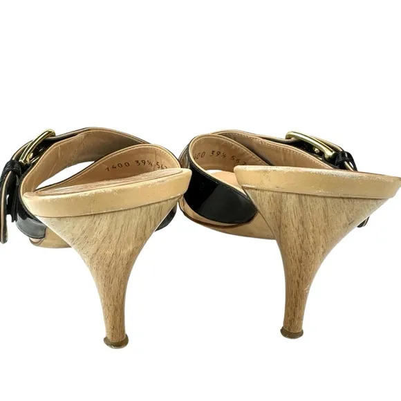 Giuseppe Zanotti Black Patent Mule Sandals 39.5 | Gold Buckle -Heels