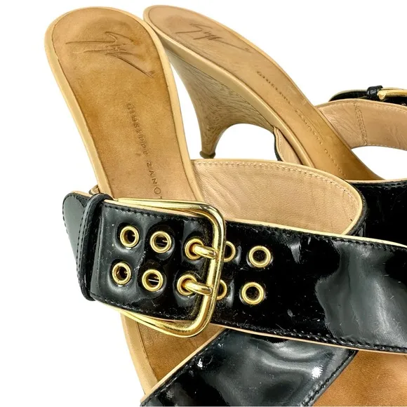 Giuseppe Zanotti Black Patent Mule Sandals 39.5 | Gold Buckle -Heels