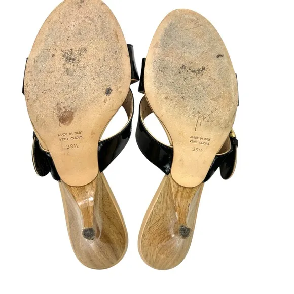Giuseppe Zanotti Black Patent Mule Sandals 39.5 | Gold Buckle -Heels