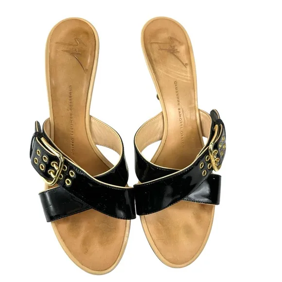 Giuseppe Zanotti Black Patent Mule Sandals 39.5 | Gold Buckle -Heels