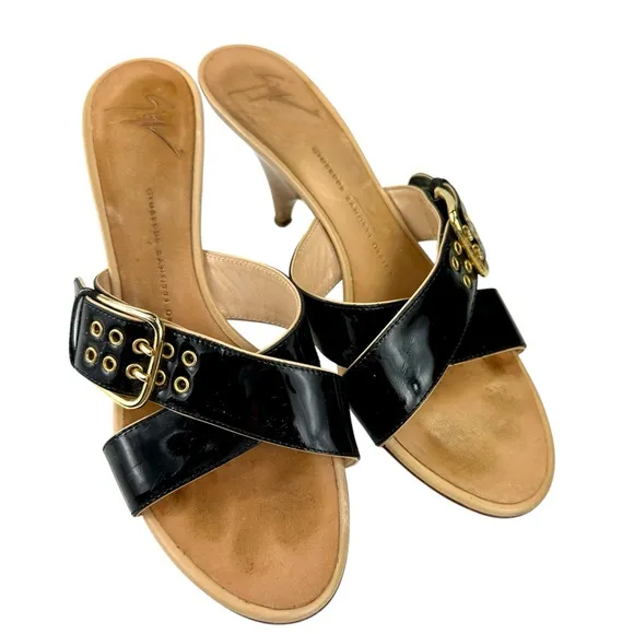 Giuseppe Zanotti Black Patent Mule Sandals 39.5 | Gold Buckle -Heels