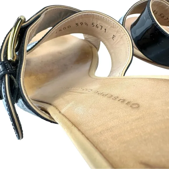 Giuseppe Zanotti Black Patent Mule Sandals 39.5 | Gold Buckle -Heels