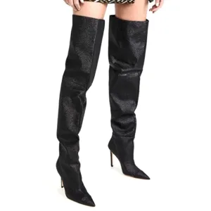Good American Black Glitter Thigh High Over The Knee Boots Size  7.5 Heels