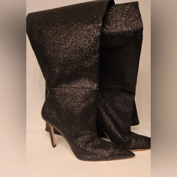 Good American Black Glitter Thigh High Over The Knee Boots Size  7.5 Heels