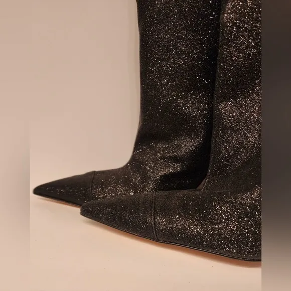 Good American Black Glitter Thigh High Over The Knee Boots Size  7.5 Heels