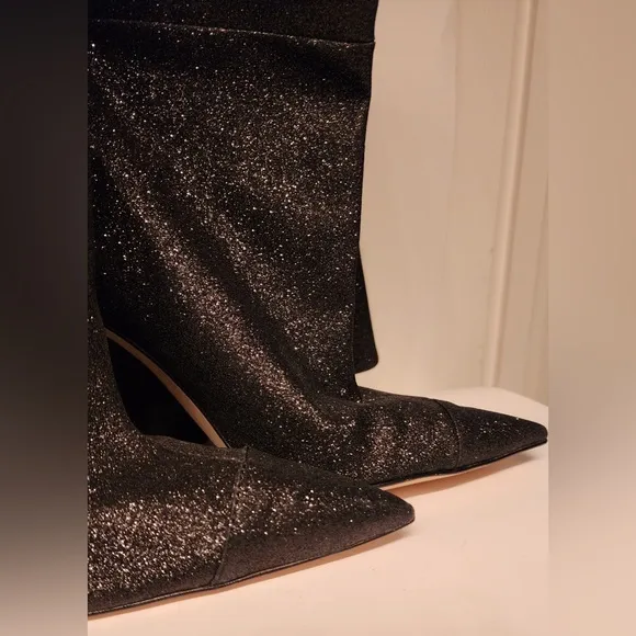 Good American Black Glitter Thigh High Over The Knee Boots Size  7.5 Heels