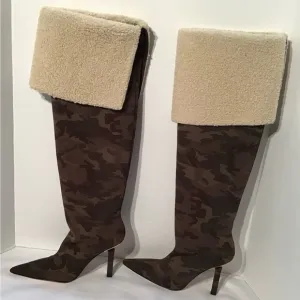 Good American NEW High Kickstand Camo Neoprene Over The Knee Boots Size 6.5