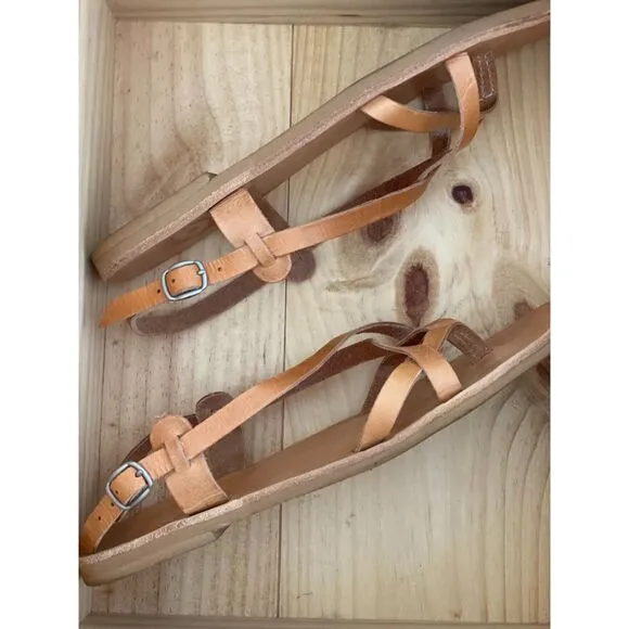 Greek Natural Leather Cross Over Sandals Size EU 40 = US 9.5/10 Made in Greece