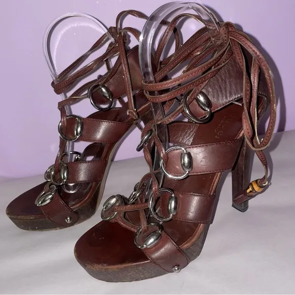 Gucci Size 8B Spring 2007 Horsebit Gladiator Heels Brown Platform