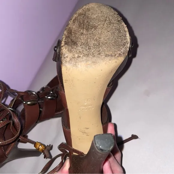 Gucci Size 8B Spring 2007 Horsebit Gladiator Heels Brown Platform