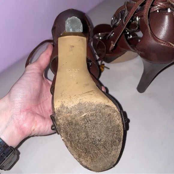 Gucci Size 8B Spring 2007 Horsebit Gladiator Heels Brown Platform