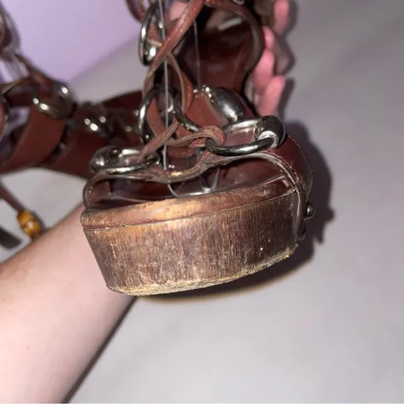 Gucci Size 8B Spring 2007 Horsebit Gladiator Heels Brown Platform