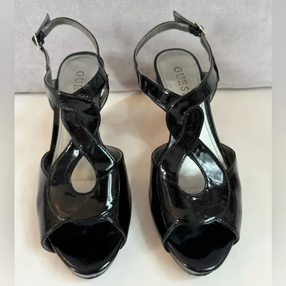 GUESS Black Platform Sandals EUC Patent Leather Cork Wedge Heeled Peep T…