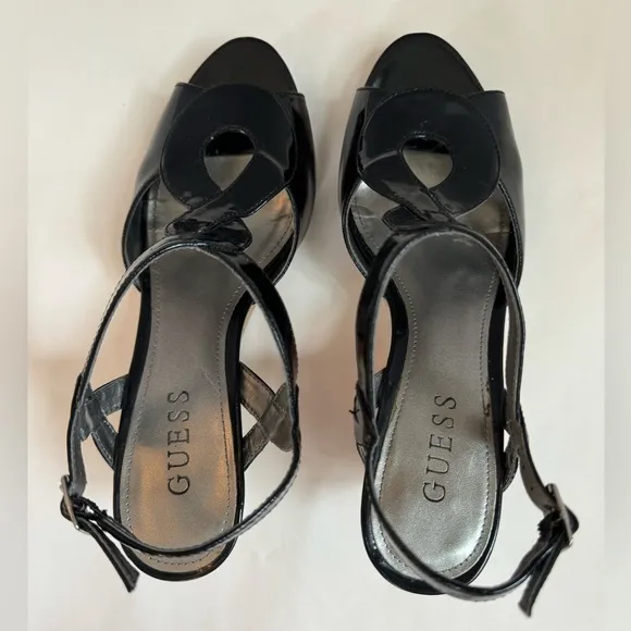 GUESS Black Platform Sandals EUC Patent Leather Cork Wedge Heeled Peep T…