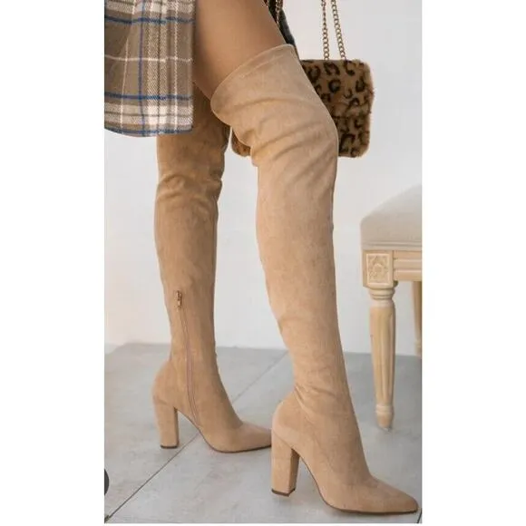 Guess Over Knee Boots Sz 8 TAN Nude High Block Heel Gold Zip w BOX Dressy Glam