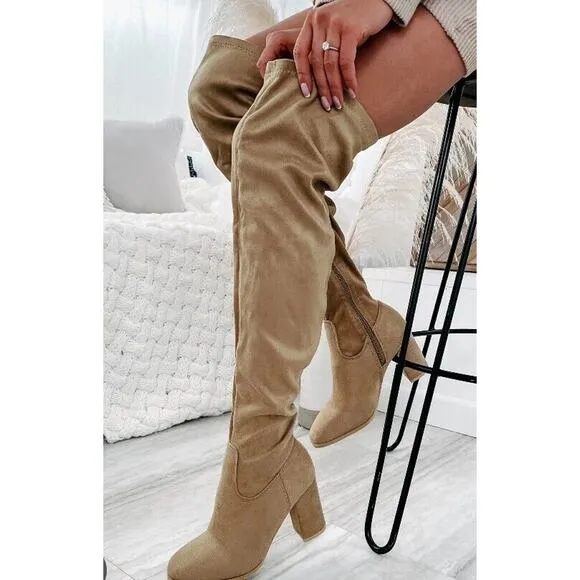 Guess Over Knee Boots Sz 8 TAN Nude High Block Heel Gold Zip w BOX Dressy Glam