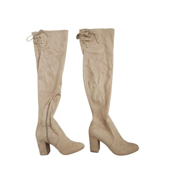 Guess Over Knee Boots Sz 8 TAN Nude High Block Heel Gold Zip w BOX Dressy Glam