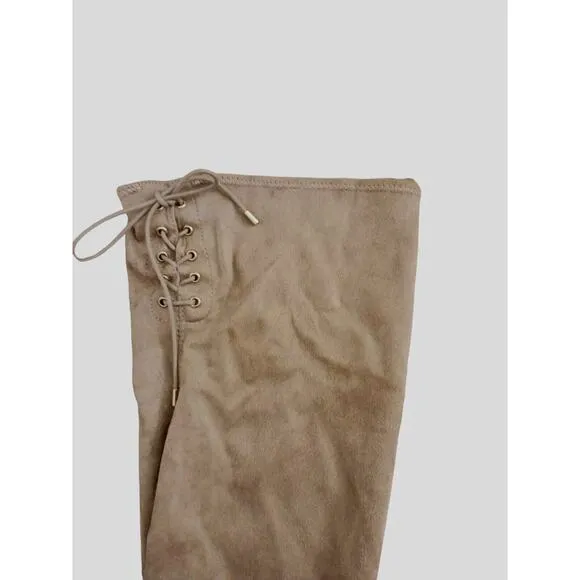 Guess Over Knee Boots Sz 8 TAN Nude High Block Heel Gold Zip w BOX Dressy Glam