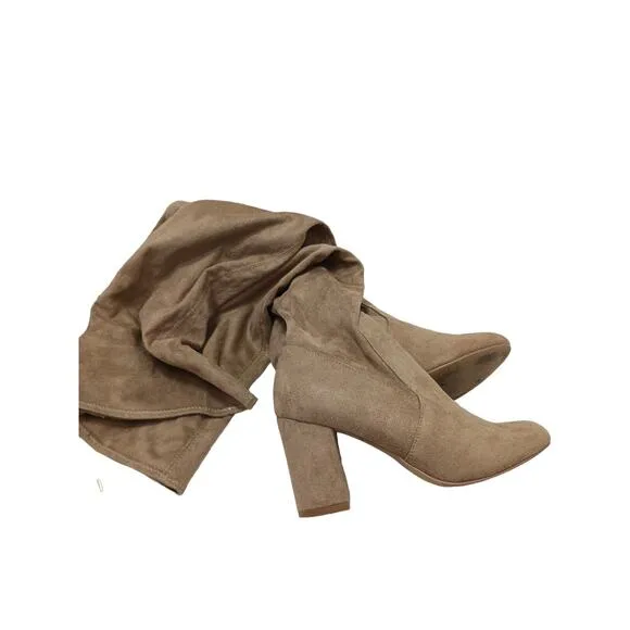 Guess Over Knee Boots Sz 8 TAN Nude High Block Heel Gold Zip w BOX Dressy Glam