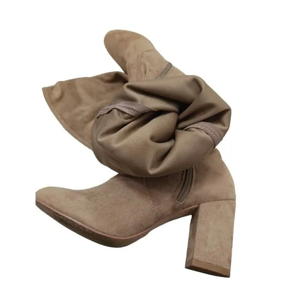 Guess Over Knee Boots Sz 8 TAN Nude High Block Heel Gold Zip w BOX Dressy Glam