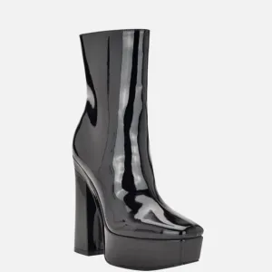 GUESS Womens Black 1-1/2&quot; Platform Logo Byra  Toe Block Heel Booties shoes 10 M
