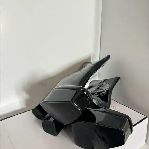 GUESS Womens Black 1-1/2&quot; Platform Logo Byra  Toe Block Heel Booties shoes 10 M