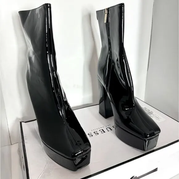 GUESS Womens Black 1-1/2&quot; Platform Logo Byra  Toe Block Heel Booties shoes 10 M