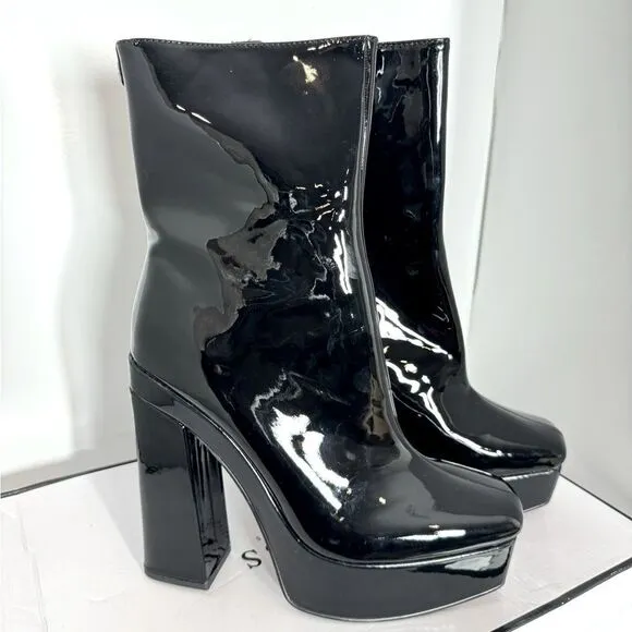 GUESS Womens Black 1-1/2&quot; Platform Logo Byra  Toe Block Heel Booties shoes 10 M