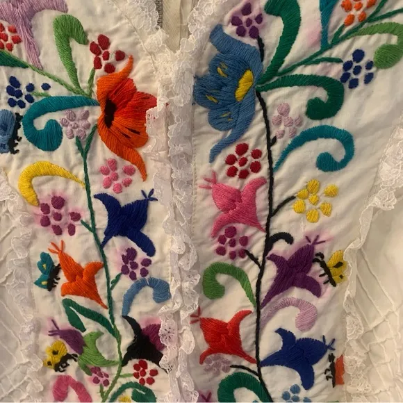 Handmade 70s Vintage Cheesecloth Floral Embroidered Maxi Dress