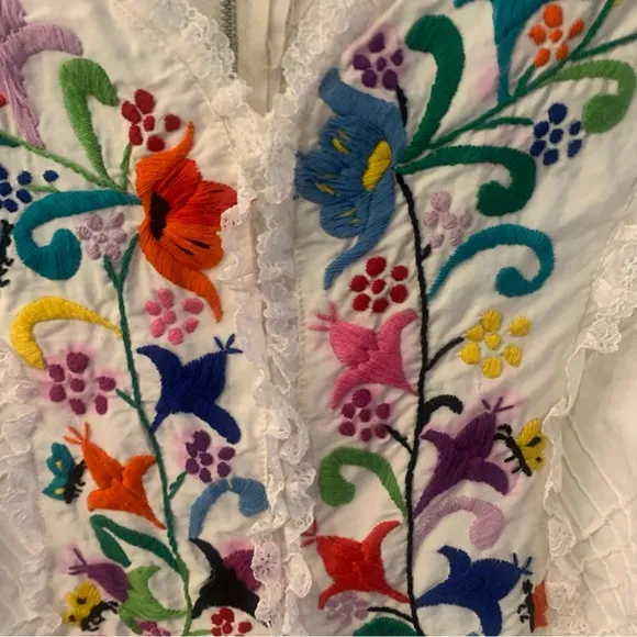 Handmade 70s Vintage Cheesecloth Floral Embroidered Maxi Dress