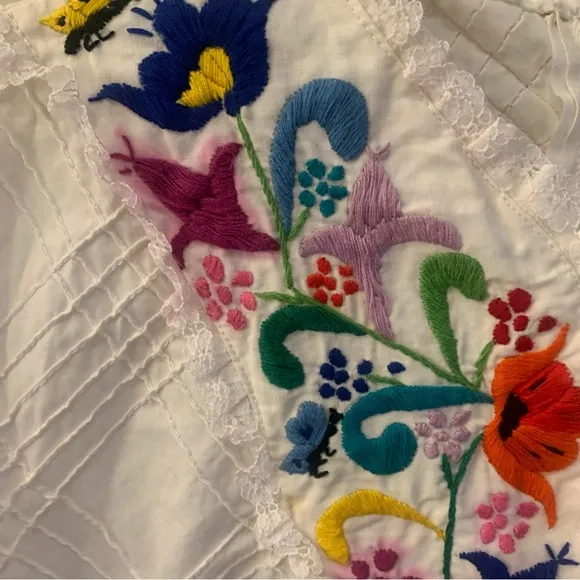Handmade 70s Vintage Cheesecloth Floral Embroidered Maxi Dress