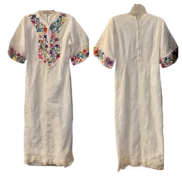 Handmade 70s Vintage Cheesecloth Floral Embroidered Maxi Dress
