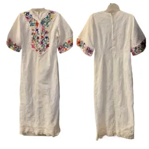 Handmade 70s Vintage Cheesecloth Floral Embroidered Maxi Dress