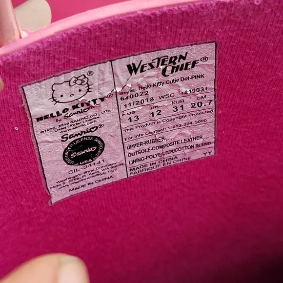 Hello Kitty Sanrio Western Chief Girls Size 13 Cutie Pink Polka Dot Rain Boots