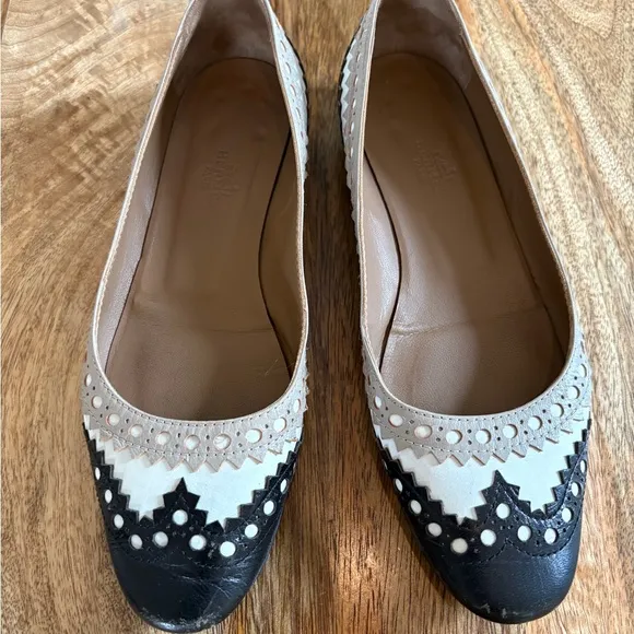 Hermès Leather ballet flats color block western white cream gray 37 US 7 shoes