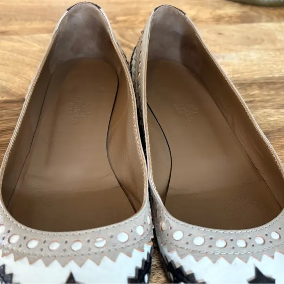 Hermès Leather ballet flats color block western white cream gray 37 US 7 shoes
