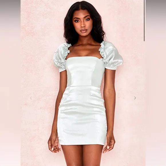 HOUSE OF CB LELYA pistachio puff sleeve dress mini shimmer L  
