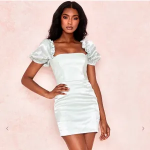 HOUSE OF CB LELYA pistachio puff sleeve dress mini shimmer L  