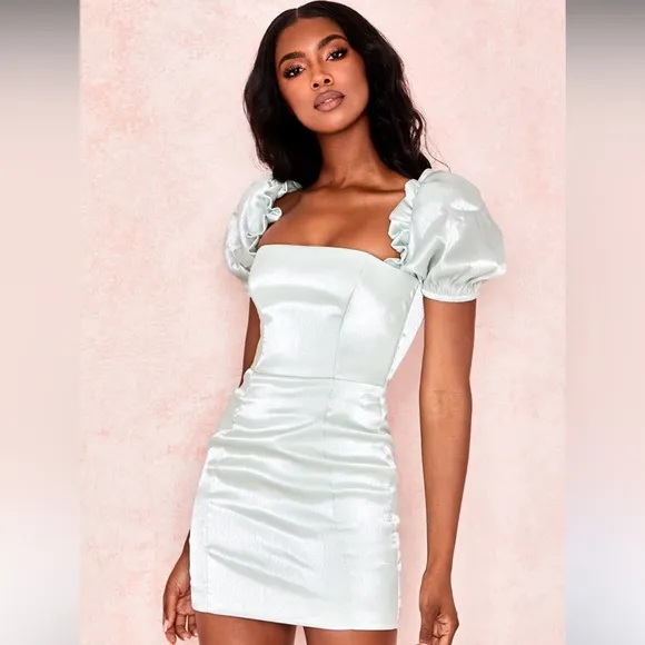 HOUSE OF CB LELYA pistachio puff sleeve dress mini shimmer L  