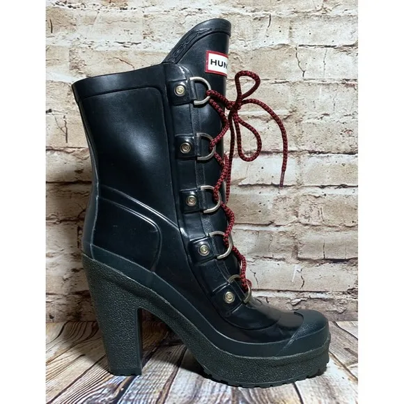 Hunter Gabby Lapin Rain Snow Boot US 5 EUR 35 / 36 Black Lace Up Platform
