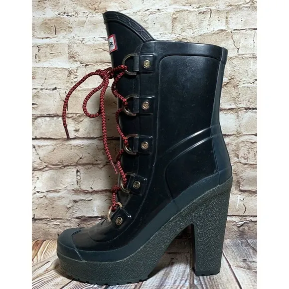 Hunter Gabby Lapin Rain Snow Boot US 5 EUR 35 / 36 Black Lace Up Platform