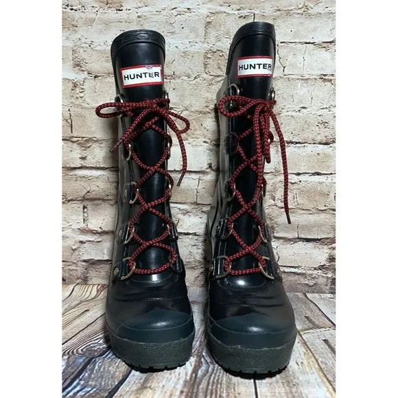 Hunter Gabby Lapin Rain Snow Boot US 5 EUR 35 / 36 Black Lace Up Platform