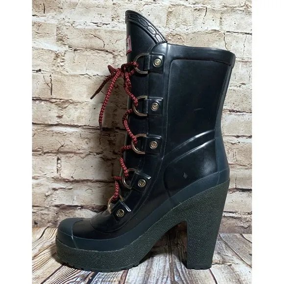 Hunter Gabby Lapin Rain Snow Boot US 5 EUR 35 / 36 Black Lace Up Platform