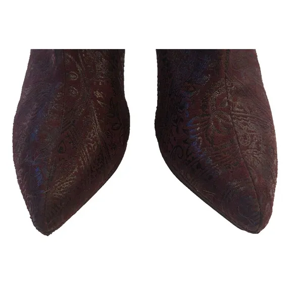 Impo Stretch Eggplant Baroque Shiny‎ Paisley Ruffle Top Dress Boots Women's 8M