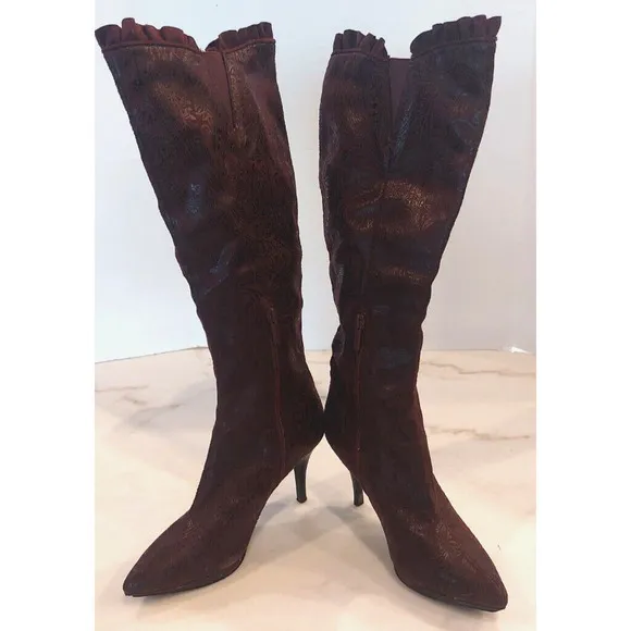 Impo Stretch Eggplant Baroque Shiny‎ Paisley Ruffle Top Dress Boots Women's 8M
