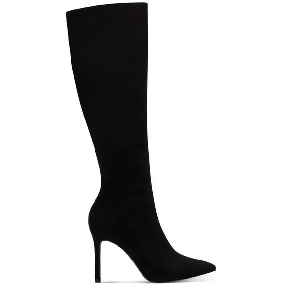 INC Rajelf Knee-High Boots Black Suede Pointed Toe Stiletto Heel Wide Calf - 8WC