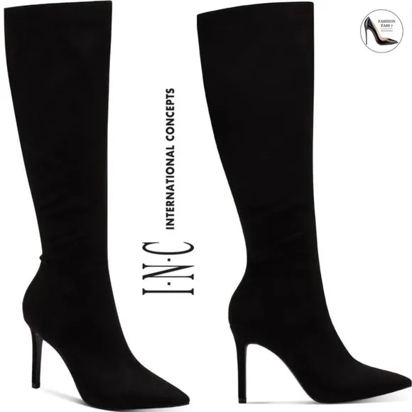 INC Rajelf Knee-High Boots Black Suede Pointed Toe Stiletto Heel Wide Calf - 8WC